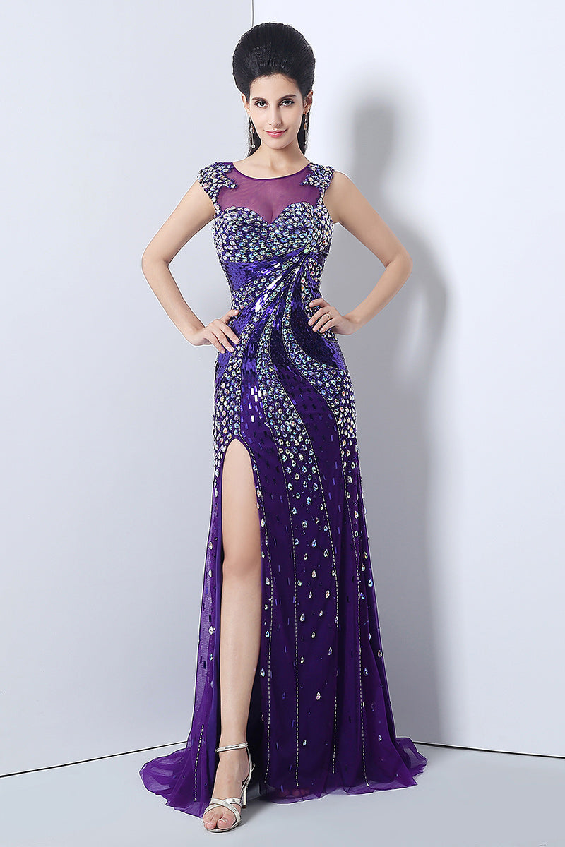 Glamorous Purple Sleeveless Mesh - Bodice Gown with Crystal Embellishments and High Slit Prom Dress,YLN021