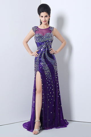 Glamorous Purple Sleeveless Mesh - Bodice Gown with Crystal Embellishments and High Slit Prom Dress,YLN021