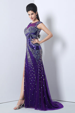 Glamorous Purple Sleeveless Mesh - Bodice Gown with Crystal Embellishments and High Slit Prom Dress,YLN021