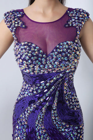 Glamorous Purple Sleeveless Mesh - Bodice Gown with Crystal Embellishments and High Slit Prom Dress,YLN021