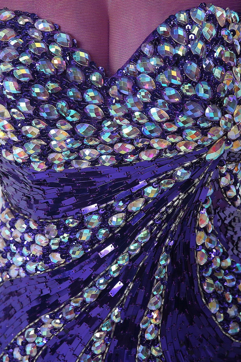 Glamorous Purple Sleeveless Mesh - Bodice Gown with Crystal Embellishments and High Slit Prom Dress,YLN021