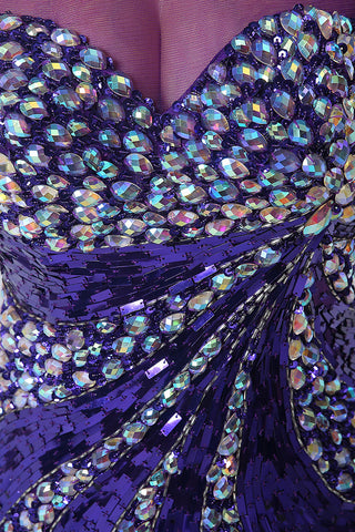 Glamorous Purple Sleeveless Mesh - Bodice Gown with Crystal Embellishments and High Slit Prom Dress,YLN021