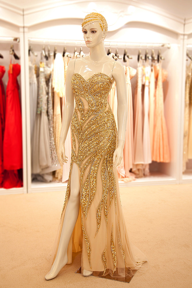 Glamorous Gold Embellished Strapless Mermaid Evening Gown with High Slit Prom Dress, YLN039