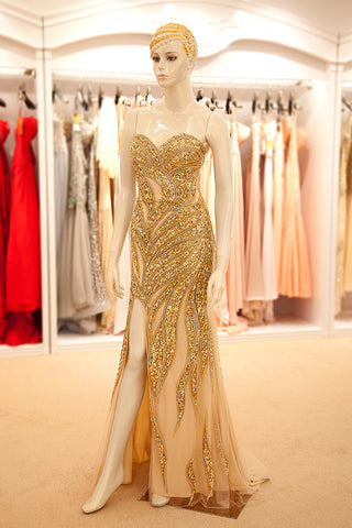 Glamorous Gold Embellished Strapless Mermaid Evening Gown with High Slit Prom Dress, YLN039