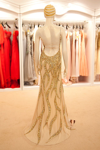 Glamorous Gold Embellished Strapless Mermaid Evening Gown with High Slit Prom Dress, YLN039