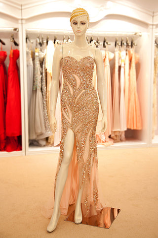 Glamorous Gold Embellished Strapless Mermaid Evening Gown with High Slit Prom Dress, YLN039