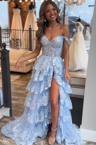 A-Line  Off-the-Shoulder Tiered Long Lace Prom Dress with Slit