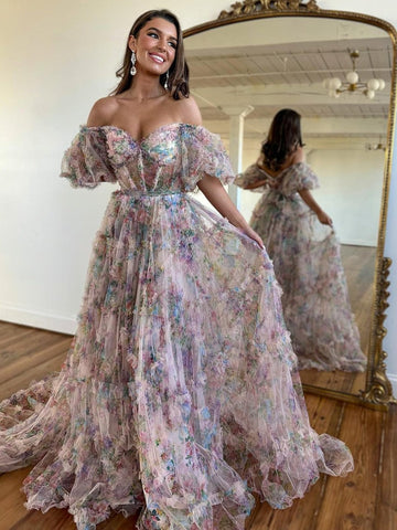 A Line Floral Tulle Off The Shoulder  Prom Dress
