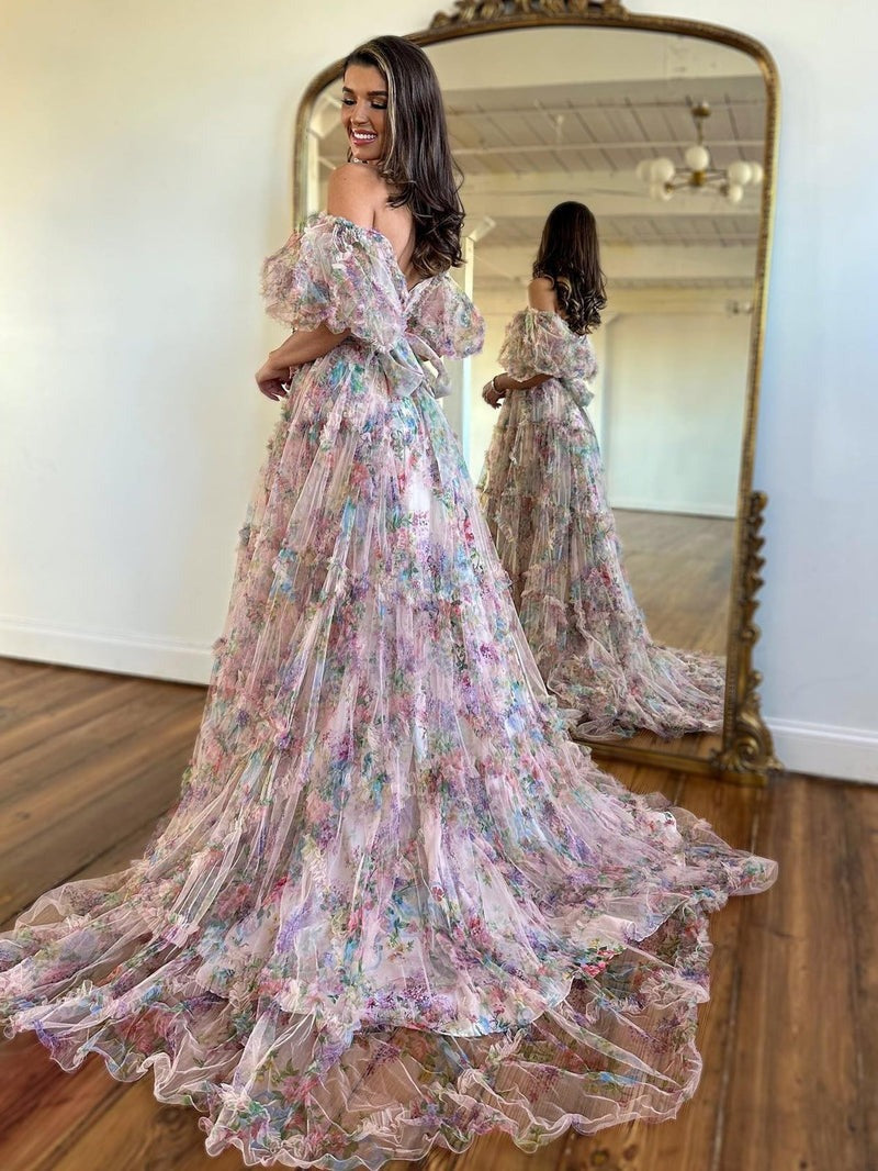 A Line Floral Tulle Off The Shoulder  Prom Dress