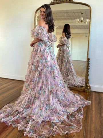 A Line Floral Tulle Off The Shoulder  Prom Dress