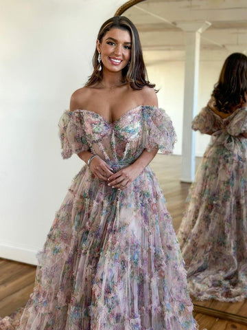 A Line Floral Tulle Off The Shoulder  Prom Dress