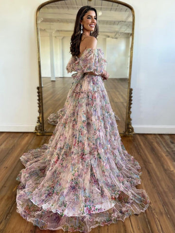 A Line Floral Tulle Off The Shoulder  Prom Dress