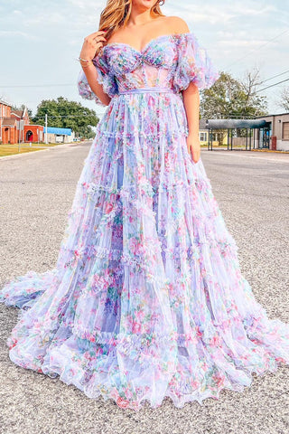 A Line Floral Tulle Off The Shoulder  Prom Dress