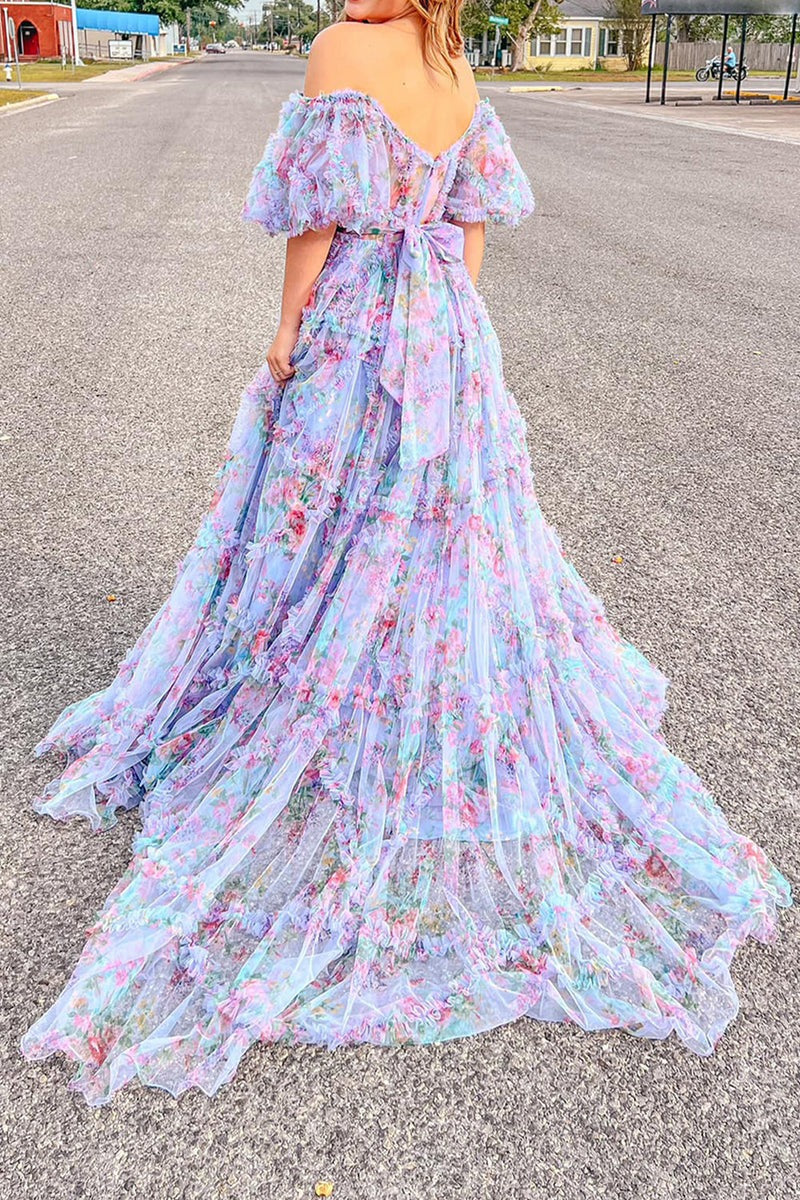 A Line Floral Tulle Off The Shoulder  Prom Dress