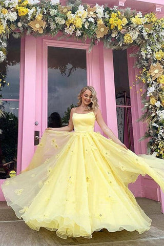 Tulle Satin  Ball Gown Spaghetti Straps 3D Flowers Prom Dresses