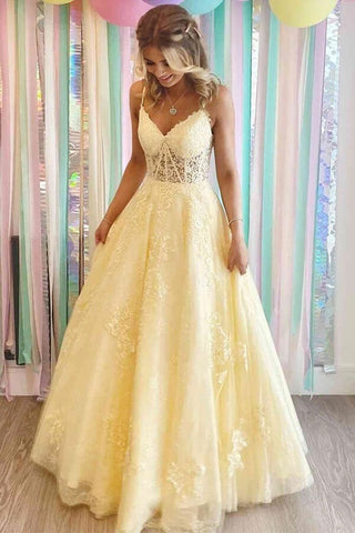Tulle A-line V-neck Lace Appliques Long Formal Prom Dresses