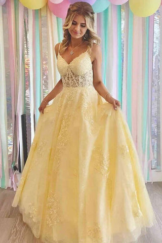 Tulle A-line V-neck Lace Appliques Long Formal Prom Dresses
