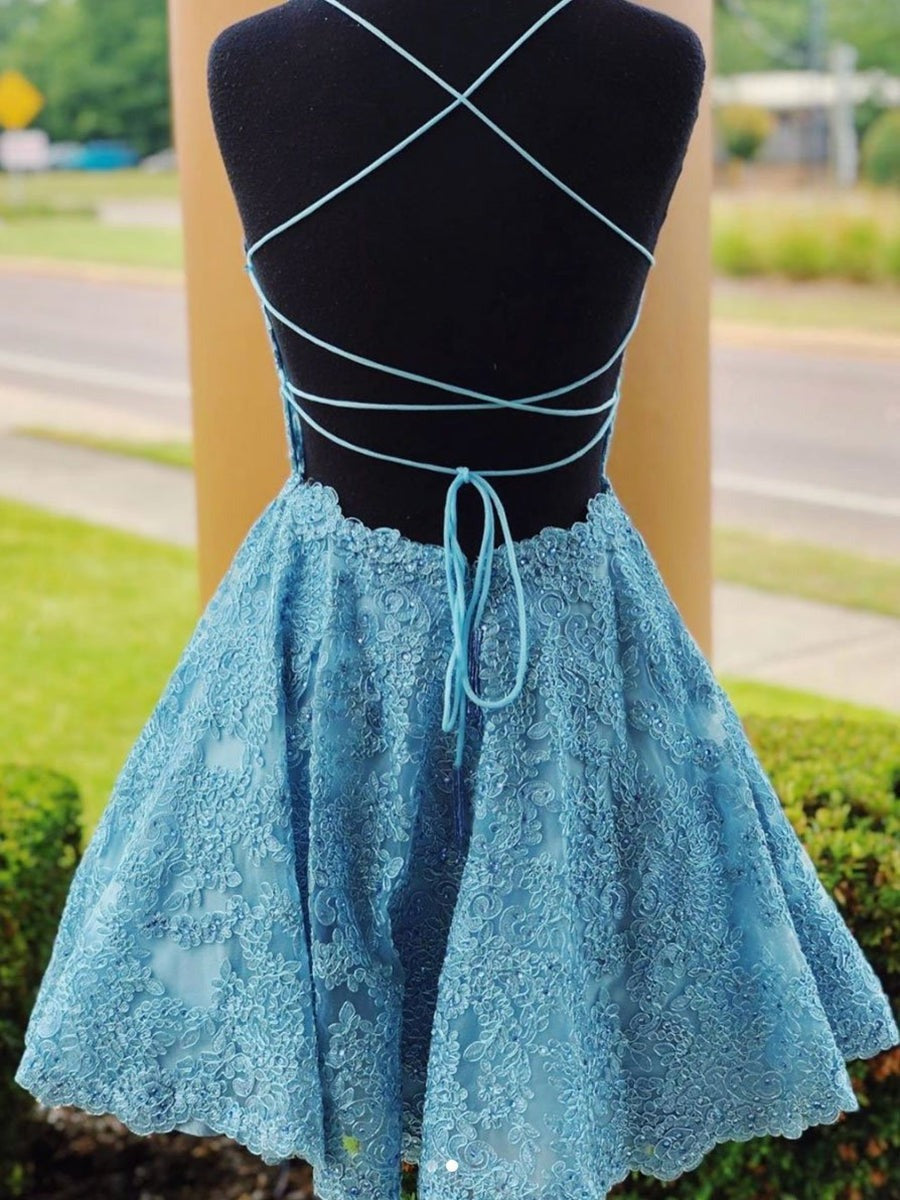 A Line Backless Lace Short Prom Homecoming, Formal Graduation Evening