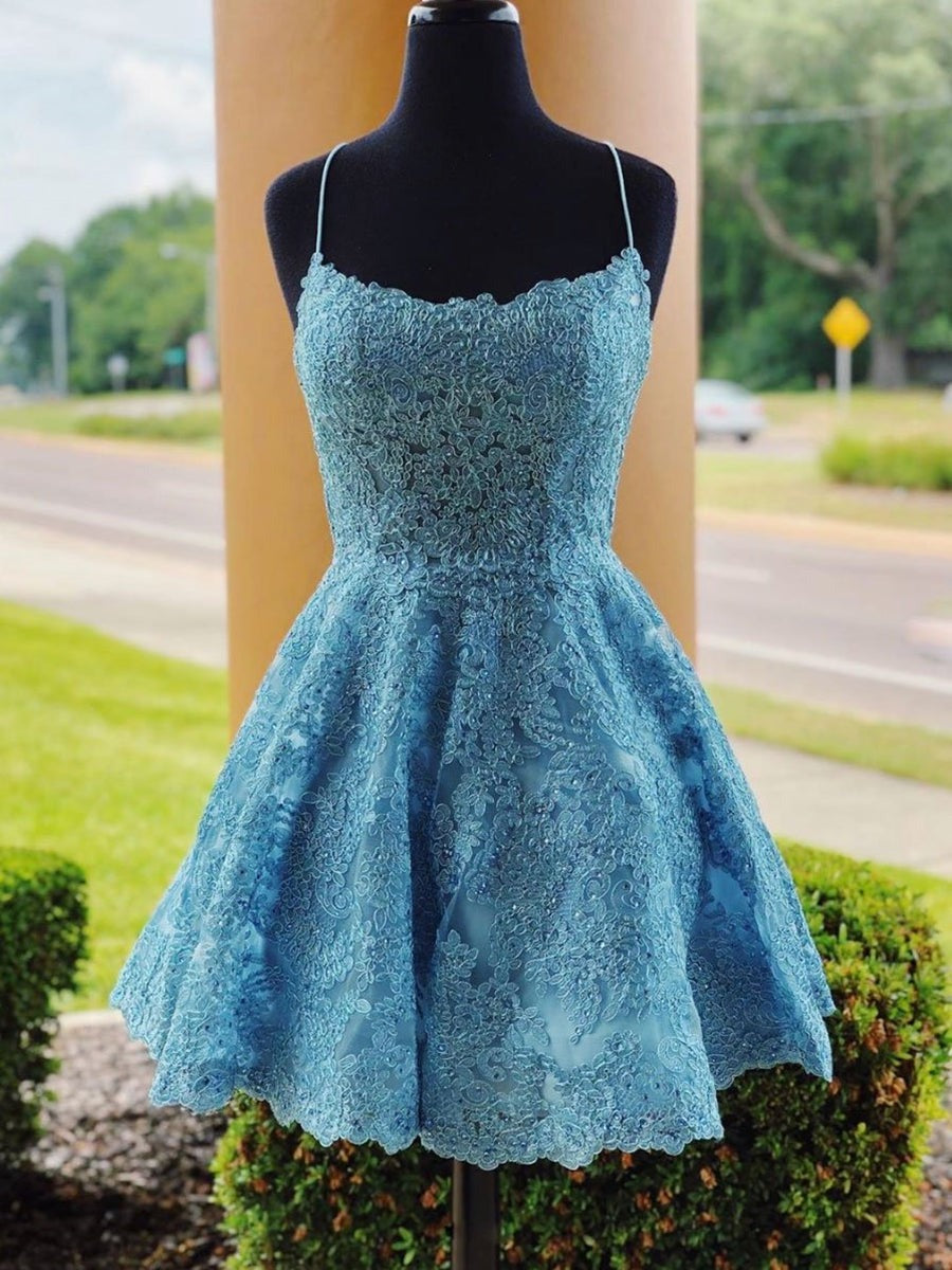 A Line Backless Lace Short Prom Homecoming, Formal Graduation Evening