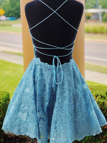 A Line Backless Lace Short Prom Homecoming, Formal Graduation Evening