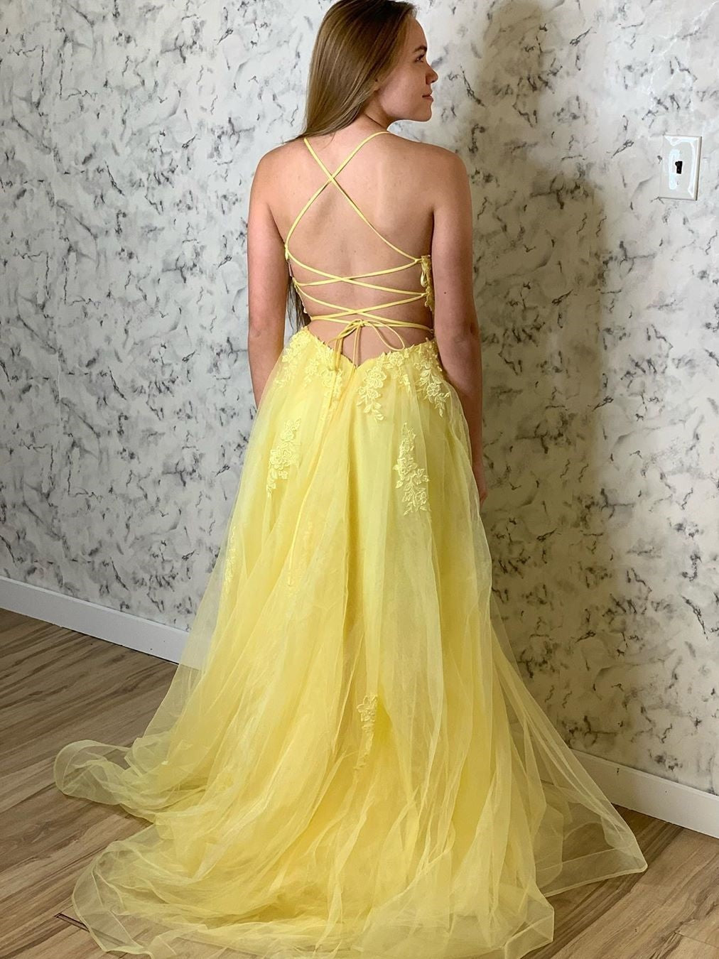 A Line Backless Tulle  Lace Appliques  Long Prom, Formal, Evening Dress