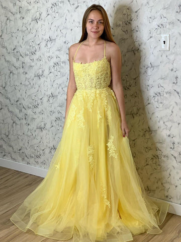 A Line Backless Tulle  Lace Appliques  Long Prom, Formal, Evening Dress