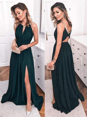 A Line Long Dark Green  Prom with Slit, Dark Green Evening, Simple  Formal Dresses