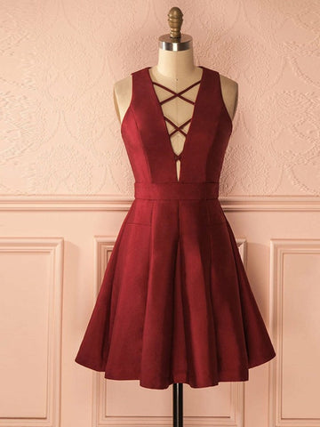 A Line Deep V Neck Satin Short Prom Homecominges, Formal Graduation Evening