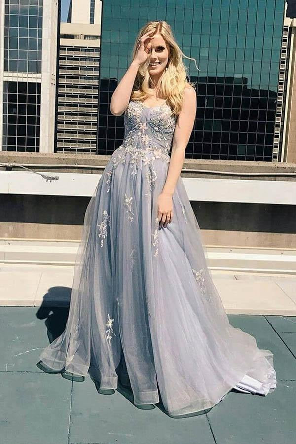A-Line Long Tulle Prom Dress With Appliques