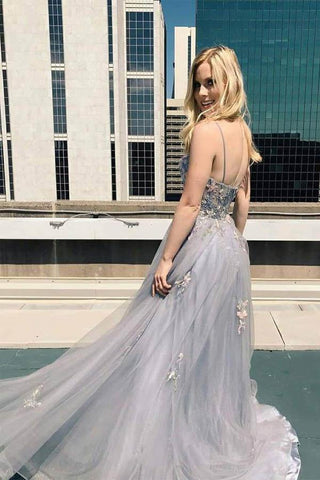 A-Line Long Tulle Prom Dress With Appliques