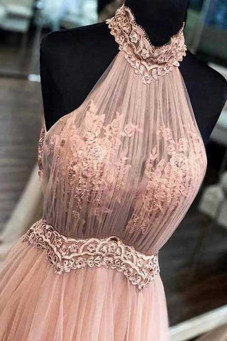 A Line Halter Tulle Lace Prom Dress
