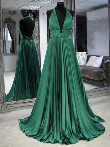 A Line Halter Neck Backless Long Prom,Formal, Green Evening Dresses