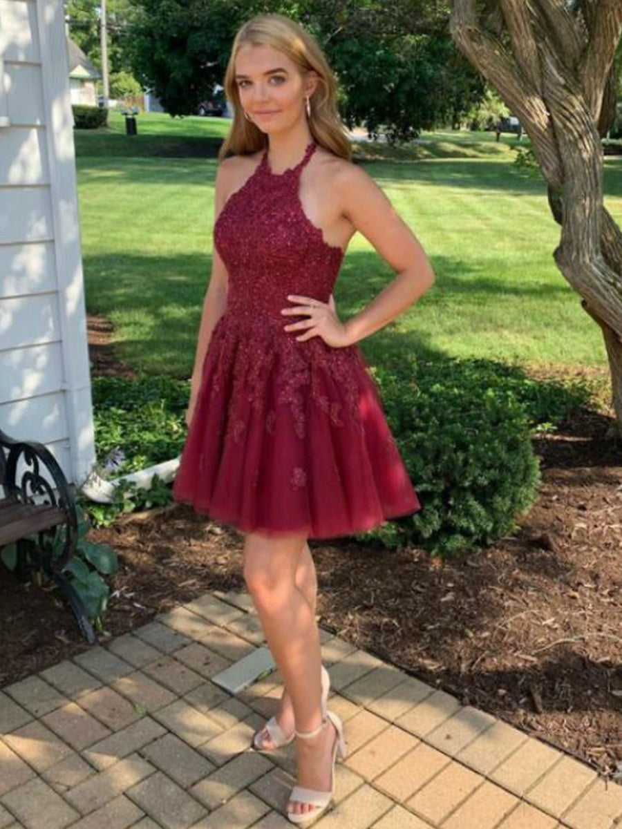 A Line Halter Neck Cross Back Lace Short Prom Homecoming,  Formal Graduation Evening