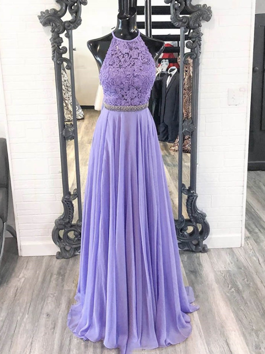 A Line Halter Neck  Lace Prom with Belt,  Formal, Evening Dresses