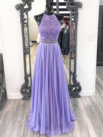 A Line Halter Neck  Lace Prom with Belt,  Formal, Evening Dresses