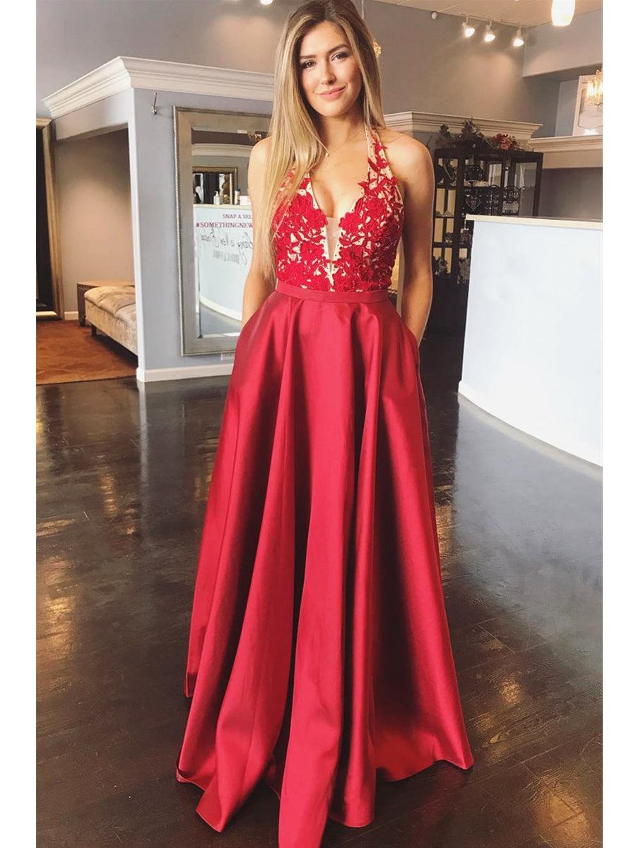 A Line Halter V Neck Backless Lace Appliques  Prom Dresses,  Formal Dresses, Evening Dresses