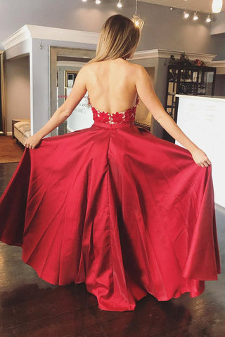 A Line Halter V Neck Backless Lace Appliques  Prom Dresses,  Formal Dresses, Evening Dresses