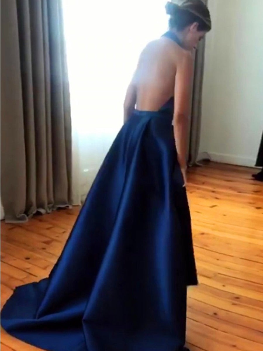 A Line Halter V Neck Backless Prom Dress with High Slit