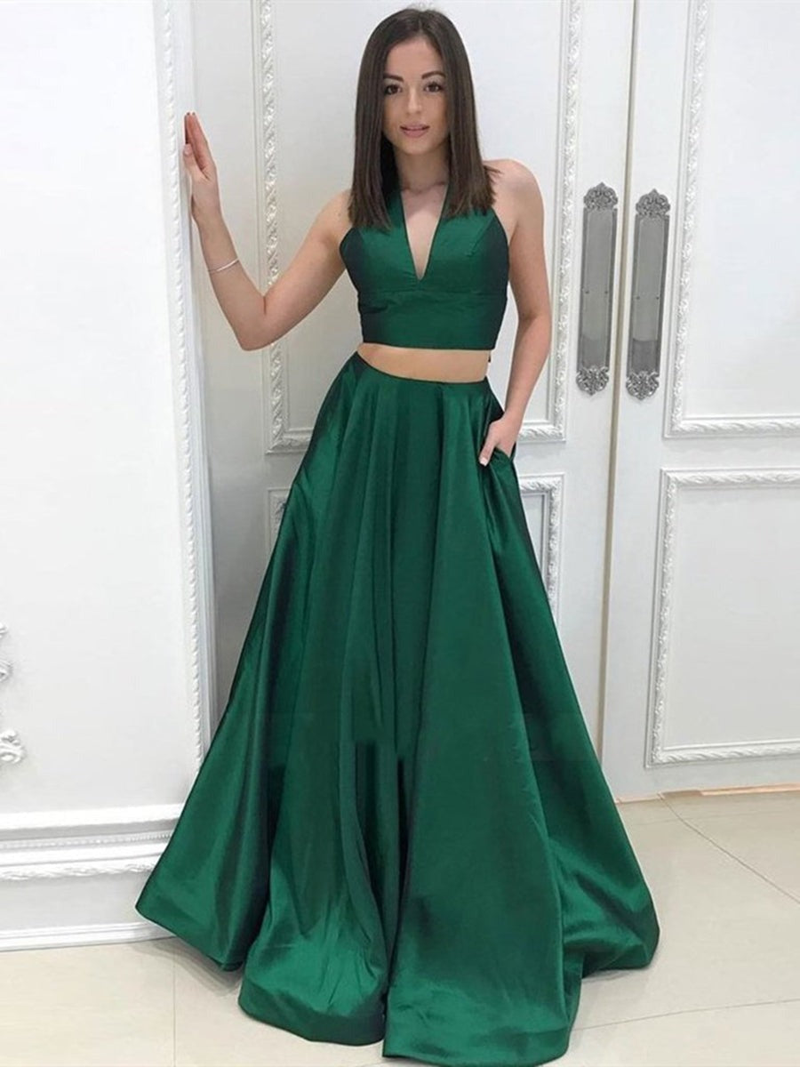 A Line Halter V Neck Two Pieces Backless  Prom Dress with Pocket