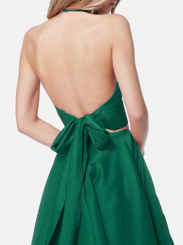 A Line Halter V Neck Two Pieces Backless  Prom Dress with Pocket