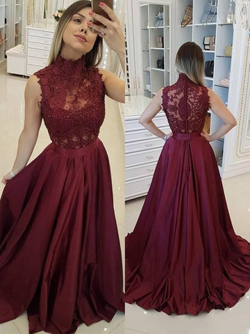 A Line High Neck Beading Burgundy Satin Long Lace Prom,  Formal Evening Dresses