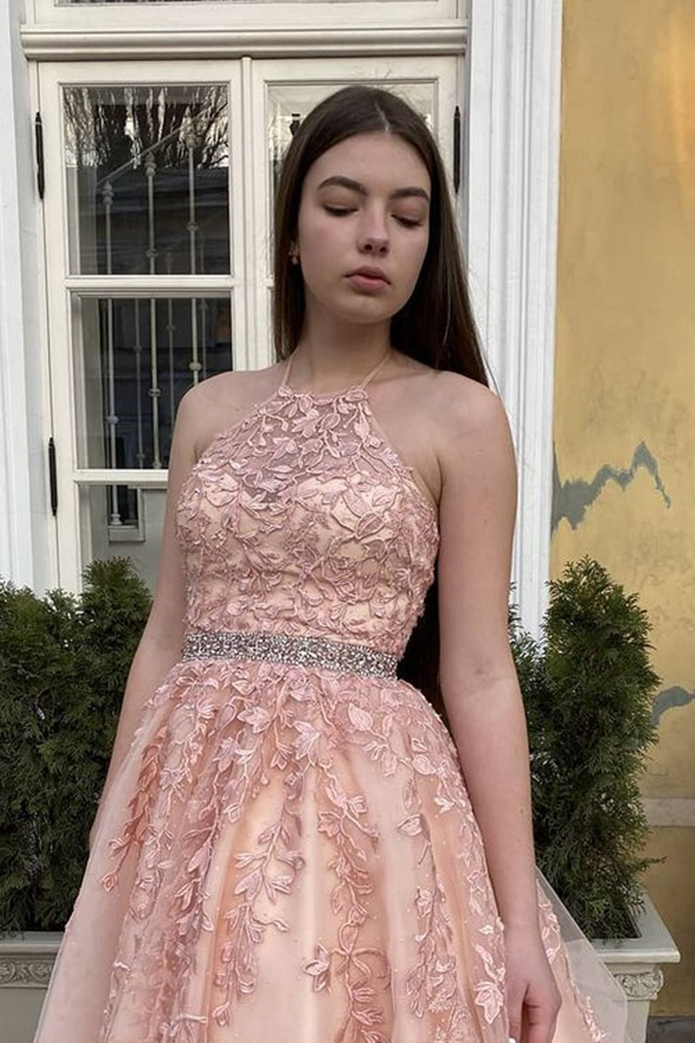 A Line High Neck Long Lace  Prom,Formal Graduation Evening Dresses