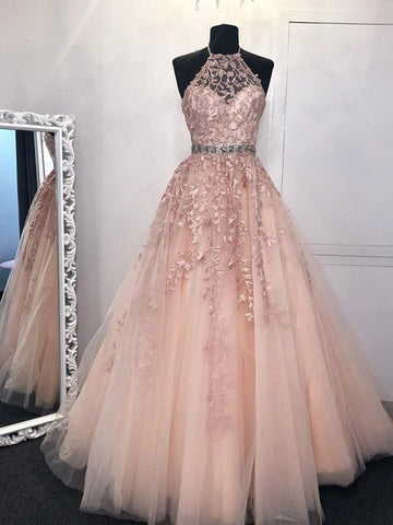 A Line High Neck Long Lace  Prom,Formal Graduation Evening Dresses