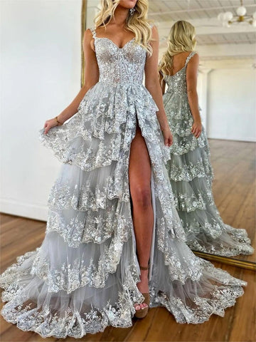 A-Line  Off-the-Shoulder Tiered Long Lace Prom Dress with Slit