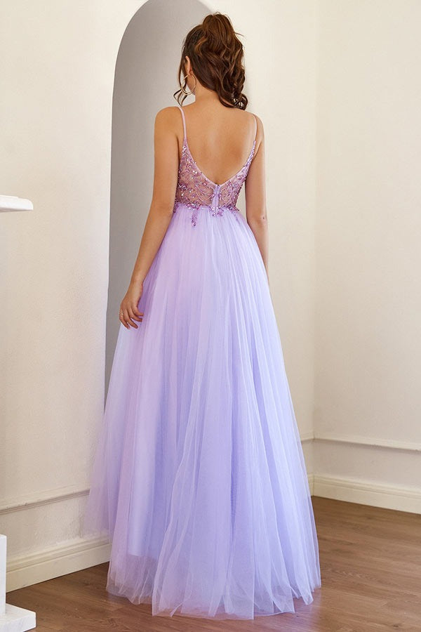 A-Line Long Tulle  Prom Dress With Beading