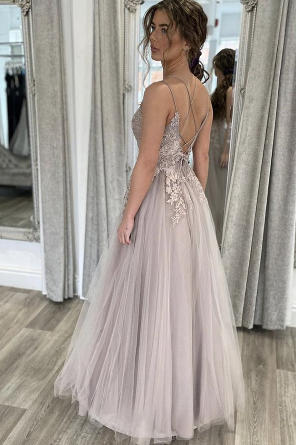 A Line Thin Strap Gray Lace Open Back Long Prom, Floral Formal Evening Dresses