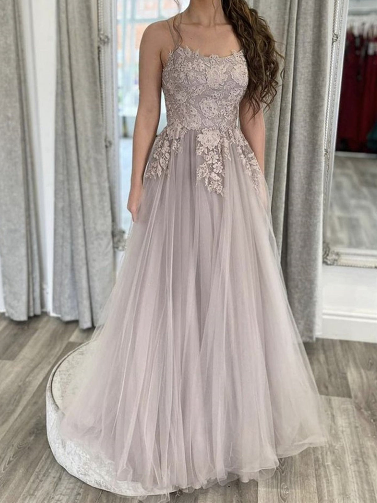 A Line Thin Strap Gray Lace Open Back Long Prom, Floral Formal Evening Dresses