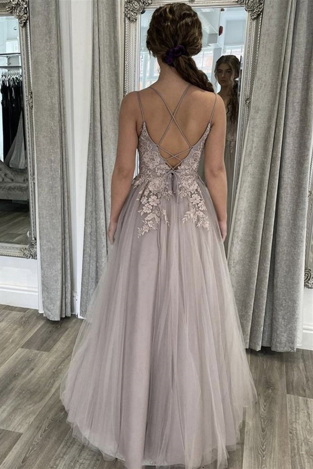 A Line Thin Strap Gray Lace Open Back Long Prom, Floral Formal Evening Dresses