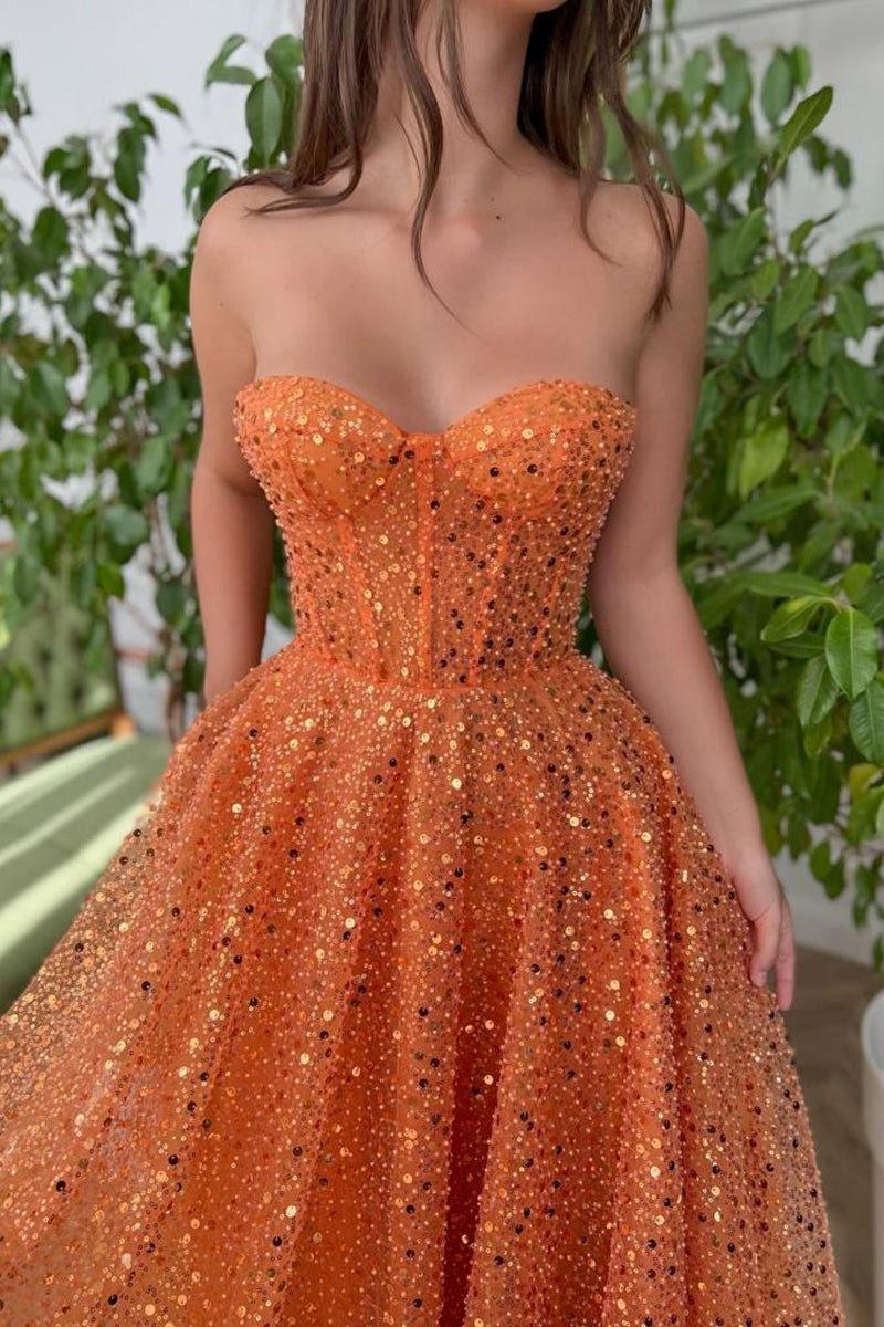 A-Line  Floor Length Sleeveless Sweetheart Lace Prom Dresses with Sequin