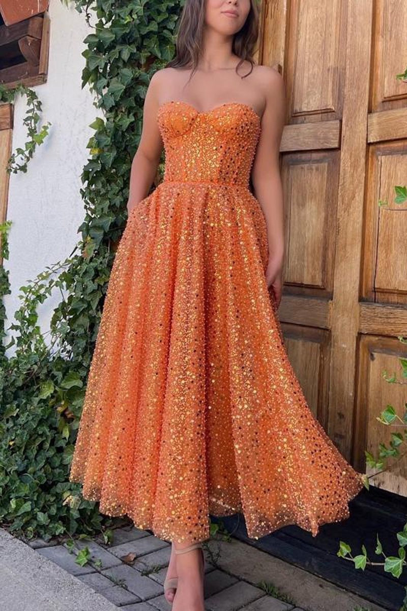 A-Line  Floor Length Sleeveless Sweetheart Lace Prom Dresses with Sequin